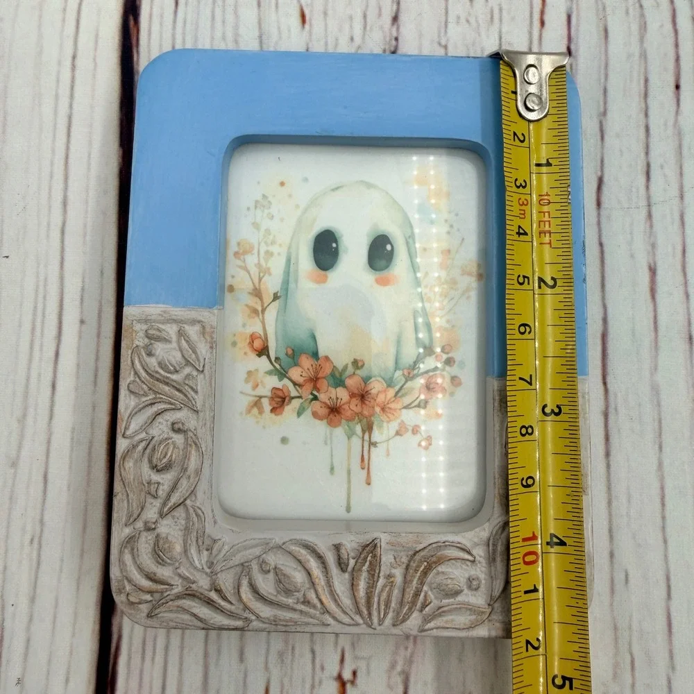 Original Cute Ghost Floral Art in Blue Thrifted Weston Gallery Frame 4x5